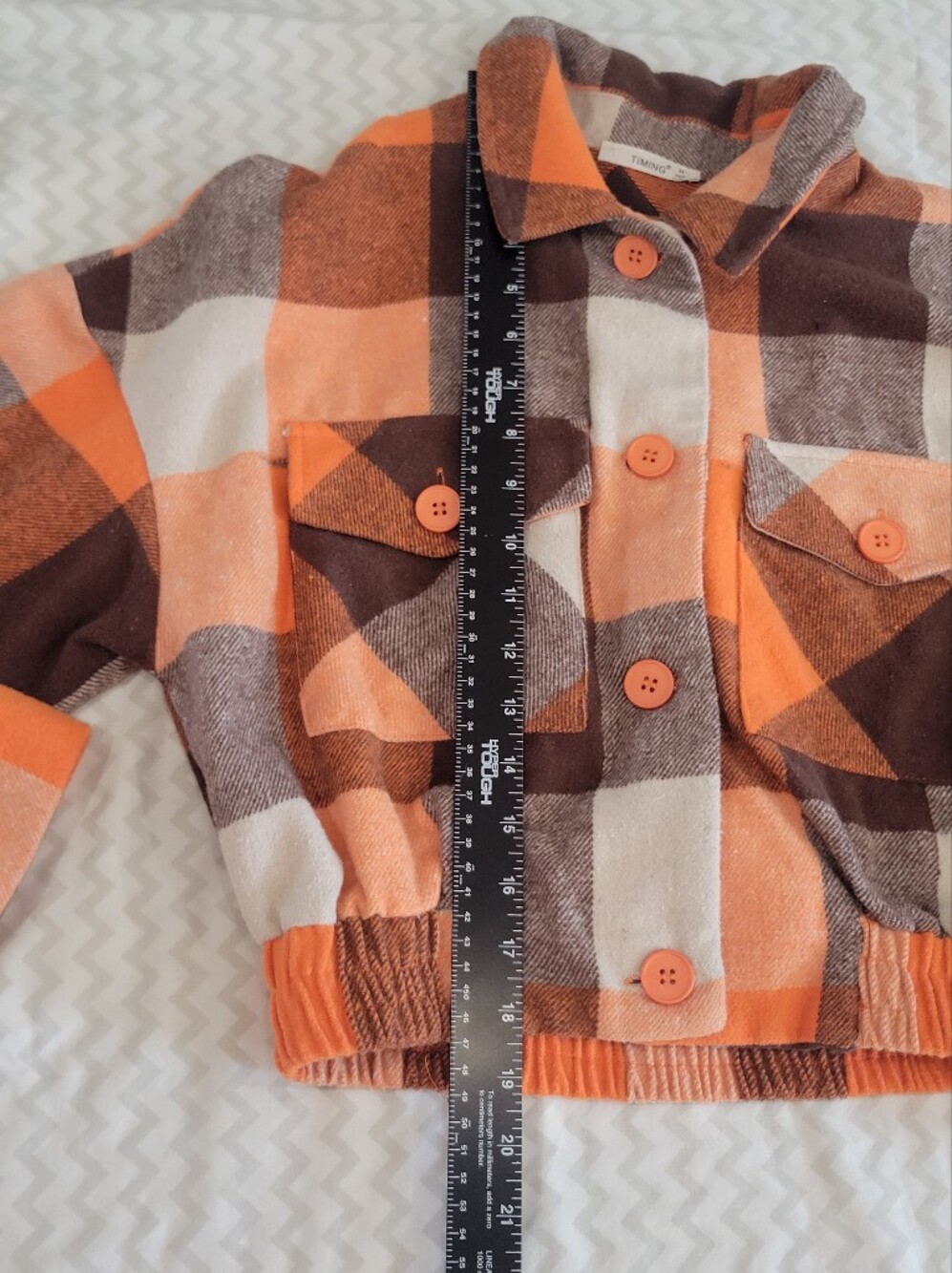 Timing Cropped Plaid Jean Shacket in Orange, Brown & Cream - Picture 6 of 14